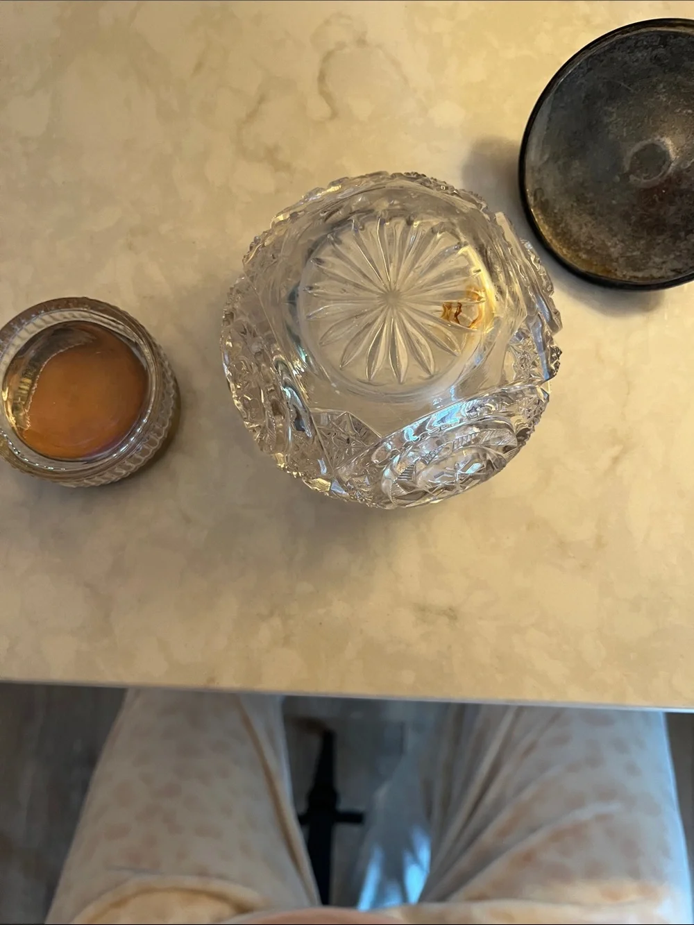 Vintage cut crystal and ornate silver plate lid vanity jar and small floral jar